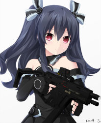 Rule 34 | 10s, 1girl, artist name, bare shoulders, black hair, elbow gloves, eotech, gloves, gun, hair ornament, hair ribbon, keenh, long hair, looking at viewer, neptune (series), red eyes, ribbon, simple background, solo, submachine gun, twintails, two side up, uni (neptunia), weapon, white background