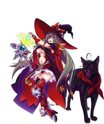 Rule 34 | 1girl, animal, animal ears, boots, breasts, cape, cleavage, despara (sennen sensou aigis), dog, earrings, feet, fingerless gloves, full body, gloves, green eyes, grey hair, hat, highres, holding, jewelry, large breasts, large hat, legs, long hair, looking at viewer, magic, nail polish, navel, open mouth, panties, sennen sensou aigis, skirt, smile, staff, standing, thigh boots, thighhighs, thighs, toes, transparent background, underwear, white background, witch hat, yellow eyes
