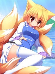 Rule 34 | 1girl, absurdres, animal ears, blonde hair, breasts, dress, fang, fox tail, highres, liya, long sleeves, lying, medium breasts, multiple tails, no headwear, no headwear, open mouth, red eyes, short hair, smile, solo, tabard, tail, thighhighs, touhou, water, white thighhighs, wide sleeves, yakumo ran