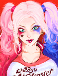 Rule 34 | 1girl, absurdres, artist request, blonde hair, breasts, dc comics, harley quinn, highres, lipstick, makeup, multicolored hair, shirt, smile, solo, suicide squad, twintails