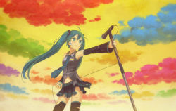 Rule 34 | 1girl, bandage on face, bandages, cloud, colorful, detached sleeves, green eyes, green hair, hatsune miku, kb, kirobaito, long hair, matching hair/eyes, microphone, microphone stand, necktie, sky, solo, thighhighs, torn clothes, twintails, vocaloid, zettai ryouiki