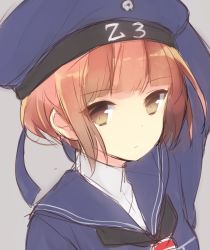 Rule 34 | 10s, 1girl, beret, brown eyes, brown hair, clothes writing, colored eyelashes, hat, kantai collection, komachi narota, sailor collar, sailor hat, short hair, simple background, solo, upper body, z3 max schultz (kancolle)