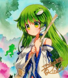 Rule 34 | 1girl, bad id, bad pixiv id, blush, breasts, broom, detached sleeves, frog, frog hair ornament, green eyes, green hair, hair ornament, hair tubes, kochiya sanae, long hair, medium breasts, midriff, nontraditional miko, qqqrinkappp, shikishi, signature, snake hair ornament, solo, straight hair, touhou, traditional media, tree, upper body, wide sleeves