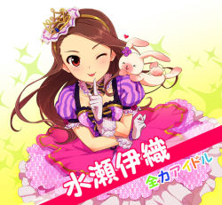 Rule 34 | &gt; &lt;, 1girl, :3, :p, brown hair, closed eyes, crown, flower, gem, gloves, gradient background, hairband, heart, idolmaster, idolmaster (classic), jewelry, long hair, looking at viewer, minase iori, ndo2, one eye closed, red eyes, solo, stuffed animal, stuffed rabbit, stuffed toy, tongue, tongue out