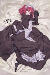 1girl apron aqua_eyes auru_t black_dress commentary_request dress full_body highres hisui_(tsukihime) long_sleeves looking_at_viewer looking_to_the_side lying maid maid_apron maid_headdress on_side parted_lips red_hair short_hair signature solo teeth tsukihime