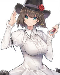 Rule 34 | 1girl, assassin (lostbelt), bad id, bad pixiv id, black hat, braid, breasts, brown hair, charlotte corday (fate), charlotte corday (third ascension) (fate), closed mouth, commentary request, coyucom, fate/grand order, fate (series), green eyes, hat, knife, long sleeves, looking at another, medium breasts, short hair, simple background, single braid, smile, solo, white background