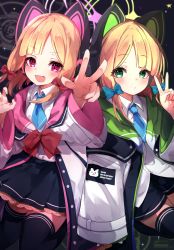 Rule 34 | 2girls, :d, absurdres, animal ear headphones, animal ears, black shorts, black skirt, black thighhighs, blonde hair, blue archive, blue necktie, blush, closed mouth, collared shirt, commentary request, english text, fake animal ears, green eyes, headphones, highres, jacket, long sleeves, looking at viewer, midori (blue archive), momoi (blue archive), multiple girls, necktie, open clothes, open jacket, open mouth, parted bangs, rai (sakuranbo sugar), red eyes, shirt, short shorts, shorts, siblings, sisters, skirt, smile, thighhighs, twins, v, white jacket, white shirt, wide sleeves