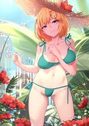 Rule 34 | 1girl, bikini, blonde hair, blue eyes, blush, breasts, collarbone, covered erect nipples, faicha, flower, green bikini, hair ornament, hat, hat flower, hololive, hololive english, large breasts, looking at viewer, navel, short hair, smile, solo, straw hat, swimsuit, thighs, virtual youtuber, watson amelia
