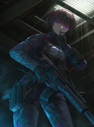 Rule 34 | 1girl, assault rifle, black gloves, black hair, butterfly hair ornament, camouflage, commentary request, finger to mouth, gloves, gun, hair ornament, handgun, headset, highres, holding, holding gun, holding weapon, holster, iwi carmel, iwi masada, looking at viewer, military, military uniform, original, pistol, pouch, purple eyes, rifle, short hair, solo, standing, suppressor, thigh holster, tom-neko (zamudo akiyuki), uniform, weapon, weapon request