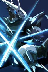 Rule 34 | aggron, animal focus, artist name, blue background, blue sclera, blue theme, claws, colored sclera, creatures (company), game freak, gen 3 pokemon, glint, glowing, glowing eyes, highres, nintendo, no humans, open mouth, pokemon, pokemon (creature), signature, simple background, sketch, solo, standing, tsukkon, twitter username, white eyes