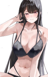Rule 34 | 1girl, absurdres, arm at side, bikini, black bikini, black hair, blush, breasts, cleavage, collarbone, ewn, eyelashes, hair between eyes, hand in own hair, highres, hololive, hololive english, large breasts, long hair, looking at viewer, mole, mole under eye, navel, nerissa ravencroft, red eyes, sidelocks, simple background, sitting, solo, spread legs, stomach, sweat, swimsuit, very long hair, virtual youtuber, wet, white background