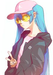 Rule 34 | 1girl, alternate costume, baseball cap, blue eyes, blue hair, closed mouth, collarbone, ear piercing, hat, hatsune miku, highres, long hair, looking at viewer, piercing, pine (yellowpine112), pink hat, simple background, solo, sunglasses, tinted eyewear, twintails, v, very long hair, vocaloid, white background, yellow-tinted eyewear