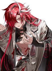 Rule 34 | 1boy, black hair, bleeding, blood, blood on face, blood on hands, blood stain, commentary request, deep wound, earrings, fate/grand order, fate (series), hair over one eye, hands up, highres, injury, jacket, japanese clothes, jewelry, kuga huna, long hair, long sleeves, looking away, male focus, multicolored hair, pectoral cleavage, pectorals, red eyes, red hair, simple background, solo, streaked hair, takasugi shinsaku (fate), underpec, upper body, white background, white hair, white jacket