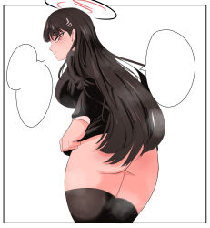 Rule 34 | 1girl, absurdres, ass, back, bentic, black hair, black thighhighs, blue archive, border, bottomless, breasts, commentary, english commentary, hair ornament, hairclip, halo, highres, long hair, rio (blue archive), solo, speech bubble, thighhighs