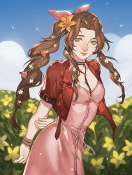 Rule 34 | 1girl, aerith gainsborough, arm behind back, artist name, bangle, bracelet, braid, braided ponytail, breasts, brown hair, choker, cleavage, cowboy shot, cropped jacket, dress, field, final fantasy, final fantasy vii, final fantasy vii remake, flower, flower choker, flower field, green eyes, hair flower, hair ornament, hair ribbon, highres, jacket, jewelry, lily (flower), long dress, long hair, looking at viewer, medium breasts, nature, outdoors, parted bangs, pink dress, pink flower, pink ribbon, red jacket, ribbon, short sleeves, sidelocks, smile, solo, tumblr username, white flower, xin (cveol), yellow flower