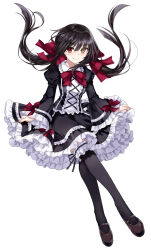 1girl asle black_dress black_hair black_thighhighs clock_eyes commentary_request date_a_live dress floating_hair frilled_dress frills full_body gothic_lolita heterochromia highres lolita_fashion long_hair looking_at_viewer low_twintails red_eyes smile solo symbol-shaped_pupils thighhighs tokisaki_kurumi twintails white_background wide_sleeves yellow_eyes