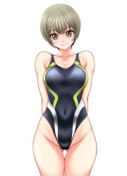 Rule 34 | 1girl, akebi-chan no serafuku, arms behind back, brown eyes, competition swimsuit, covered navel, gluteal fold, grey hair, groin, head tilt, highleg, highleg swimsuit, highres, looking at viewer, minakami riri, multicolored clothes, multicolored swimsuit, one-piece swimsuit, osuzu akiomi, short hair, simple background, solo, swimsuit, white background