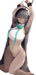 Rule 34 | 1girl, absurdres, aqua bow, aqua bowtie, armpits, arms up, bad id, bad pixiv id, black hair, blue archive, blush, bow, bowtie, breasts, chain, chained, collared leotard, covered navel, dark-skinned female, dark skin, highres, impossible clothes, impossible leotard, karin (blue archive), kneeling, large breasts, leotard, long hair, looking at viewer, maid headdress, open mouth, raru (nanaharararu), restrained, simple background, solo, very long hair, white background, white leotard, yellow eyes