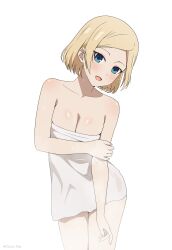 Rule 34 | 1girl, absurdres, bare shoulders, blonde hair, blue eyes, blush, breasts, cleavage, collarbone, coro fae, cowboy shot, hayasaka ai, head tilt, highres, looking at viewer, medium breasts, medium hair, naked towel, open mouth, parted bangs, simple background, solo, towel, twitter username, wet, white background