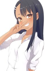 Rule 34 | 1girl, absurdres, blush, brown eyes, camui1104, collarbone, collared shirt, forehead, grin, hair ornament, hair over shoulder, hairclip, highres, ijiranaide nagatoro-san, long hair, long sleeves, looking at viewer, nagatoro hayase, open collar, shirt, sidelocks, simple background, smile, solo, standing, teeth, upper body, v, white background, white shirt