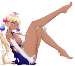 Rule 34 | 1girl, anklet, bare shoulders, barefoot, beads, blonde hair, blue nails, breasts, commentary, dark-skinned female, dark skin, elbow gloves, feet, from side, full body, gloves, hair beads, hair ornament, hand on own ass, hand on own knee, highres, hololive, hololive english, jewelry, large breasts, leg up, legs, light smile, limiter (tsukumo sana), long hair, looking at viewer, mixed-language commentary, nail polish, p-nekoe, planet hair ornament, simple background, sitting, solo, toenail polish, toenails, tsukumo sana, tsukumo sana (1st costume), twintails, very long hair, virtual youtuber, white background, white gloves, yellow eyes