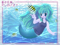 Rule 34 | 1girl, 2004, animal, blue eyes, blue hair, blue skin, blue tail, breasts, colored skin, commentary request, dated, fins, fish, green hair, hand up, head fins, imawashi#74, light smile, long hair, mermaid, monster girl, ocean, open mouth, original, petite, purple skin, reaching, scales, sidelocks, small breasts, smile, solo, summer, swimsuit, translation request, underwater, water, wavy hair
