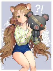 Rule 34 | !, 1girl, ?, animal ears, bad id, bad pixiv id, bear ears, blush, brown hair, commentary, gambe, green eyes, grin, high-waist shorts, highres, holding, long hair, long sleeves, looking at viewer, low twintails, original, shirt, shirt tucked in, shorts, sitting, smile, solo, striped clothes, striped shirt, stuffed animal, stuffed toy, teddy bear, teeth, twintails, vertical-striped clothes, vertical-striped shirt, very long hair, wavy hair