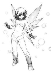 Rule 34 | 1girl, bare shoulders, boots, breasts, choker, collarbone, fairy, fairy wings, full body, graphite (medium), greyscale, harumachi nagaaki, horns, jewelry, monochrome, navel, open mouth, original, pointy ears, simple background, small breasts, solo, standing, traditional media, wings