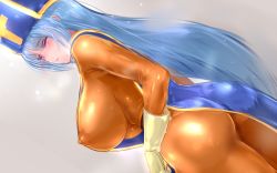 Rule 34 | 1girl, ass, blue hair, blue tabard, bodysuit, breasts, covered erect nipples, cross, dragon quest, dragon quest iii, gloves, hat, huge breasts, impossible clothes, latex, latex bodysuit, long hair, mitre, orange bodysuit, priest (dq3), skin tight, solo, square enix, tabard, uni96 (uknee96), yellow gloves