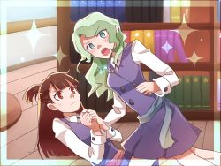 Rule 34 | 10s, 2girls, annoyed, arm support, bad id, bad pixiv id, belt, blue eyes, blush, bookshelf, breasts, brown hair, diana cavendish, green hair, indoors, kagari atsuko, little witch academia, long hair, looking at viewer, lying, multiple girls, on floor, open mouth, red eyes, school uniform, wand, witch, wooden floor, yuri
