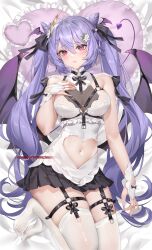 Rule 34 | 1girl, breasts, clothing cutout, demon tail, demon wings, genshin impact, gloves, hair between eyes, highres, keqing (genshin impact), long hair, looking at viewer, lying, medium breasts, melailai, navel cutout, on back, pink eyes, purple hair, solo, stomach, tail, thighhighs, twintails, white gloves, white thighhighs, wings