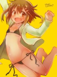 Rule 34 | 10s, 1girl, alternate costume, bikini, brown eyes, commentary, dated, fang, hair ornament, hairclip, ikazuchi (kancolle), jumping, kantai collection, long sleeves, looking at viewer, micro bikini, midair, open mouth, short hair, side-tie bikini bottom, signature, solo, swimsuit, yellow background, yumi yumi