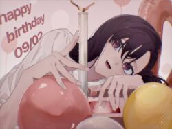 1girl :d arm_rest asymmetrical_bangs balloon black_hair blurry cake candle candle_wax depth_of_field food fruit happy_birthday head_rest highres kashiki_yuno kouiro_516 letter_balloon long_bangs long_hair melting milgram mole mole_under_eye open_mouth pink_background purple_hair shirt smile solo strawberry strawberry_cake white_shirt