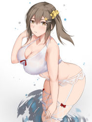 Rule 34 | 1girl, absurdres, adone (pluemza021), azur lane, bra, breasts, brown hair, cleavage, dead or alive, female focus, fishnet thighhighs, fishnets, garter belt, hair between eyes, hand in own hair, highres, large breasts, leaning forward, looking at viewer, medium hair, misaki (doa), misaki (golden photoshoot) (doa), orange eyes, simple background, solo, swimsuit, thighhighs, underwear, wading, white background, white bra