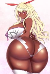 Rule 34 | 1girl, absurdres, ass, bare shoulders, blonde hair, blush, breasts, butt crack, curvy, dark-skinned female, dark skin, female focus, highres, huge ass, huge breasts, itou ittousai (sengoku bushouki muramasa), light smile, long hair, looking at viewer, looking back, nurumoji, parted lips, pink background, pink eyes, sengoku bushouki muramasa, shiny skin, sideboob, simple background, smile, solo, thick thighs, thighhighs, thighs, very long hair, white thighhighs, wide hips