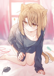 Rule 34 | 1girl, afterimage, all fours, animal ear fluff, animal ears, black shirt, blurry, blurry background, blush, brown eyes, brown hair, cat ears, cat girl, cat tail, cat teaser, closed mouth, collarbone, commentary request, curtains, depth of field, hair between eyes, kazutake hazano, long sleeves, looking away, looking to the side, original, parted bangs, shirt, sleeves past wrists, solo, tail, tail wagging, toy mouse, window