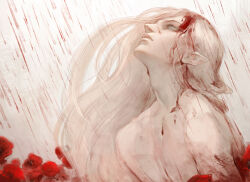 Rule 34 | ambiguous red liquid, blonde hair, blood, blood on face, flower, from side, grey hair, lips, long hair, looking up, nat the lich, nathaniel (nat the lich), nose, nude, original, painterly, pointy ears, poppy (flower), rain, raining blood, red flower, simple background, straight hair, upper body, white background