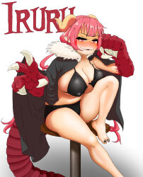 Rule 34 | 1girl, barefoot, bikini, black bikini, black cape, black toenails, blush, breasts, cape, character name, claws, death by lolis, dragon tail, fang, feet, fur collar, gradient background, grey background, half-closed eyes, highres, horns, huge breasts, ilulu (maidragon), kobayashi-san chi no maidragon, long hair, looking at viewer, low twintails, monster girl, open clothes, pink eyes, pink hair, sitting, slit pupils, smile, smug, solo, stool, swimsuit, tail, toenails, twintails, white background