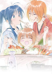 Rule 34 | 1girl, 2boys, arm up, blue eyes, blue kimono, blush stickers, child, chopsticks, closed mouth, commentary request, couple, crab, cross scar, eating, facial scar, family, father and son, feeding, floral print, food, hair between eyes, hand up, high ponytail, highres, himura kenji, himura kenshin, holding, holding chopsticks, holding food, husband and wife, japanese clothes, kamiya kaoru, kimono, light blush, long hair, looking at another, low ponytail, mother and son, multiple boys, natsu mikan (level9), open mouth, orange hair, print kimono, purple eyes, red hair, red kimono, rurouni kenshin, scar, scar on cheek, scar on face, seafood, sidelocks, sweatdrop, upper body