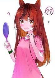 Rule 34 | 1girl, ?, alternate hairstyle, animal ears, blush, brown eyes, brown hair, commentary request, hair down, hand mirror, highres, horse ears, horse girl, long hair, looking at viewer, mirror, mizusaki rain, multicolored hair, nice nature (umamusume), open mouth, simple background, solo, spoken question mark, two-tone hair, umamusume, upper body, white background, wristband