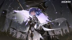 Rule 34 | 1girl, artist request, bare back, bow (weapon), cape, earrings, echo (punishing: gray raven), grass, graveyard, highres, jewelry, knight, looking at viewer, mechanical parts, night, official art, pink eyes, punishing: gray raven, purple hair, ripples, short hair, sky, star (sky), starry sky, weapon