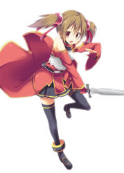 Rule 34 | 10s, 1girl, akane souichi, armor, bad id, bad pixiv id, black thighhighs, breastplate, brown hair, fingerless gloves, gloves, hair ornament, looking at viewer, open mouth, red eyes, short hair, short twintails, silica, skirt, smile, solo, sword, sword art online, thighhighs, twintails, weapon