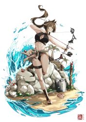 Rule 34 | 1girl, absurdres, aiming, alternate costume, animal ears, arknights, bow (weapon), bracelet, breasts, brown hair, bucket, cleavage, closed mouth, commentary, crop top, english commentary, ezraqi, feet, full body, green eyes, highres, holding, holding bow (weapon), holding weapon, jewelry, knees, long hair, medium breasts, meteor (arknights), midriff, navel, rock, rope, sand, sandals, shell, solo, splashing, standing, standing on one leg, water, watermark, weapon