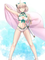 Rule 34 | 1girl, ahoge, bikini, blonde hair, bow, breasts, fate/grand order, fate (series), green bow, katana, medium breasts, navel, okita j. souji (fate), okita j. souji (third ascension) (fate), okita souji (fate), one eye closed, shoori (migiha), smile, swimsuit, sword, weapon, white bikini, wristband, yellow eyes