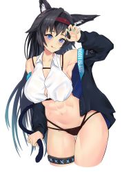Rule 34 | 1girl, :3, :q, abs, absurdres, animal ears, arknights, arm up, armpits, bare shoulders, bikini, bikini bottom only, black bikini, black hair, black jacket, blaze (arknights), blue eyes, blue nails, blush, breasts, cat ears, cat girl, cat tail, claw pose, cleavage, closed mouth, clothes writing, collarbone, cowboy shot, crop top, gluteal fold, hairband, highres, holding tail, infection monitor (arknights), jacket, large breasts, long hair, long sleeves, looking at viewer, nail polish, navel, open clothes, open jacket, red hairband, rika (akarika057), single hair intake, smile, solo, stomach, swimsuit, tail, thigh gap, thighlet, tongue, tongue out, very long hair