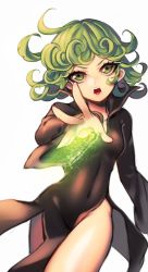 Rule 34 | 1girl, :o, ahoge, bad id, bad pixiv id, black dress, cheong ha, covered navel, cowboy shot, curly hair, dress, energy, flipped hair, glowing, green eyes, green hair, long sleeves, matching hair/eyes, no panties, one-punch man, open mouth, outstretched arm, short hair, side slit, simple background, solo, tatsumaki, teeth, white background