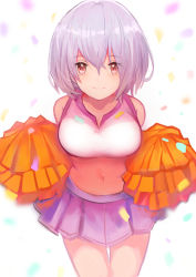 Rule 34 | 1girl, absurdres, bare shoulders, blurry, blurry background, breasts, closed mouth, collarbone, commentary request, confetti, crop top, depth of field, gluteal fold, gridman universe, hair between eyes, highres, large breasts, midriff, navel, pleated skirt, pom pom (cheerleading), purple hair, purple skirt, red eyes, shinjou akane, simple background, skirt, sleeveless, smile, solo, ssss.gridman, tarbo (exxxpiation), thigh gap, white background