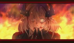 Rule 34 | 1girl, absurdres, akizuki (17769498), azur lane, black jacket, blood, blood on face, collared shirt, crazy eyes, fire, grey shirt, hair between eyes, hand to own mouth, headgear, highres, jacket, light brown hair, mechanical hands, multicolored hair, prosthesis, prosthetic hand, red hair, roon (azur lane), shirt, solo, streaked hair, two-tone hair, upper body, yellow eyes