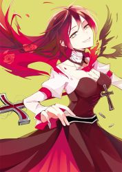 Rule 34 | 1girl, alternate costume, alternate hairstyle, alternate universe, unworn cape, corset, cross, flower, jewelry, kuma (bloodycolor), long hair, necklace, red hair, rosary, rose, ruby rose, rwby, grey eyes, solo
