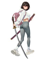 Rule 34 | 1girl, ass, backpack, bag, breasts, brown hair, check copyright, copyright request, cropped hoodie, full body, grey background, highres, holding, holding sheath, holding weapon, hongcasso, hood, hood down, hoodie, katana, large breasts, leggings, looking at viewer, looking back, medium hair, original, pantylines, red bag, red eyes, scar, scar on face, sheath, shoes, simple background, smile, sneakers, socks, solo, sword, unsheathed, weapon, white hoodie, white socks